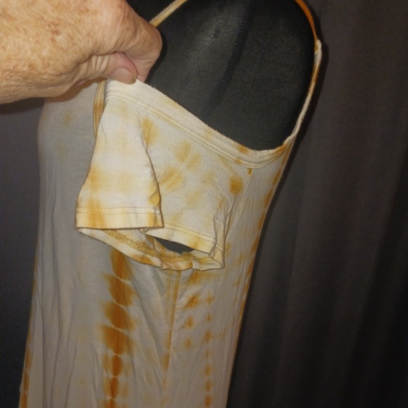 Shop Basic Y2k Boho Mustard Yellow Tie Dye Cold Shoulder Ruffle Top Large - Picture 3 of 6